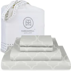 Threadmill Cotton Queen Sheet Set | 100% Cotton Sheets for Queen Size Bed | Damask Jacquard Queen Bed Sheets Set with 16” Deep Pocket | Soft Sateen Weave 4-Piece Cooling Bedding Set | Light Grey