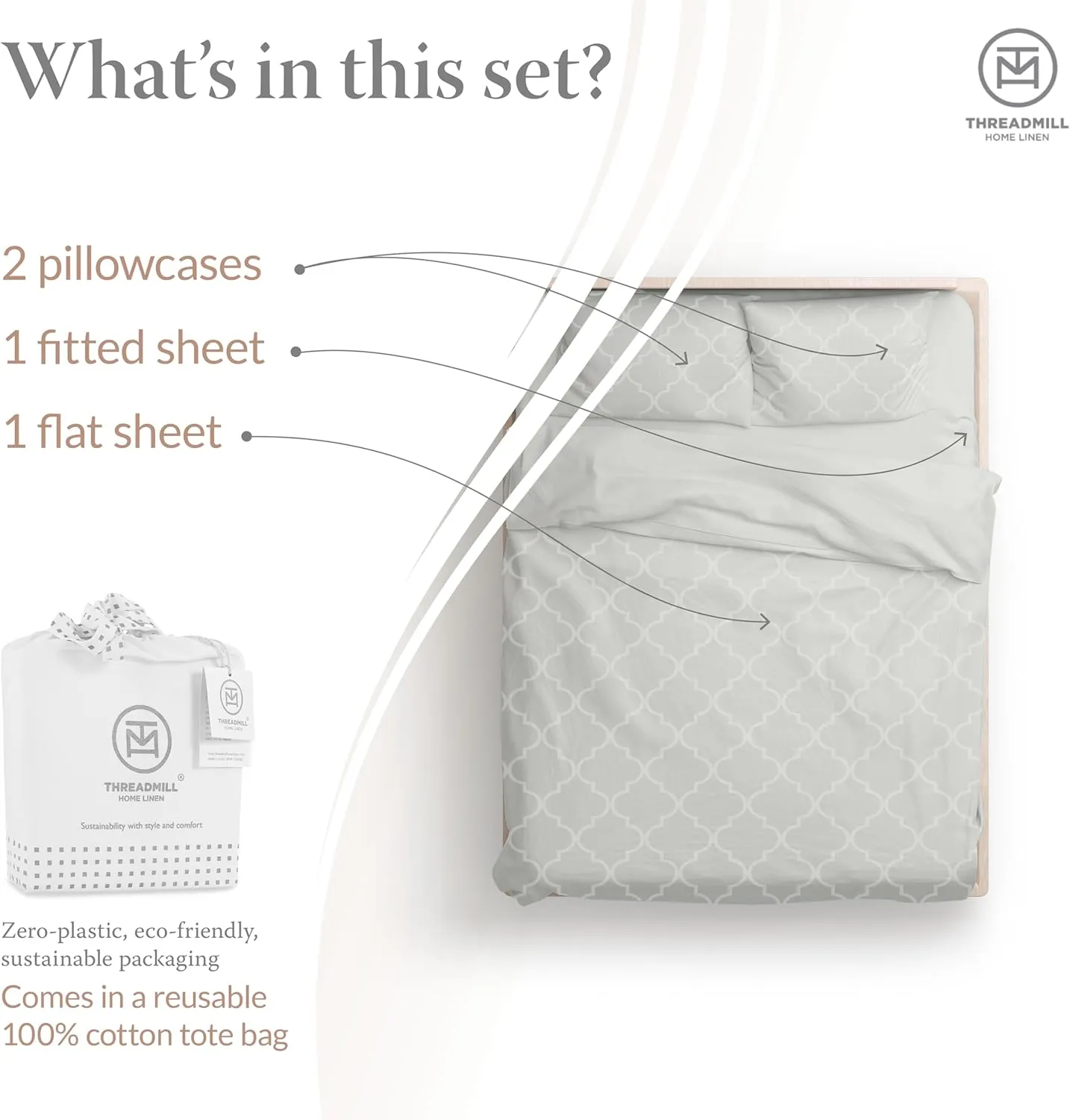 Threadmill Cotton Queen Sheet Set | 100% Cotton Sheets for Queen Size Bed | Damask Jacquard Queen Bed Sheets Set with 16” Deep Pocket | Soft Sateen Weave 4-Piece Cooling Bedding Set | Light Grey