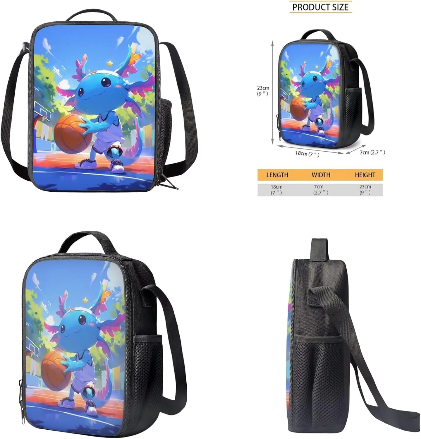 TODIYADDU Basketball Axolotl Backpack for Girls Bookbag with Lunch Box Keychain Cute Pencil Case 4 PCS Set Bookbag 4th Grade Kid 8-10 Years School Bag for Camping/Picnic