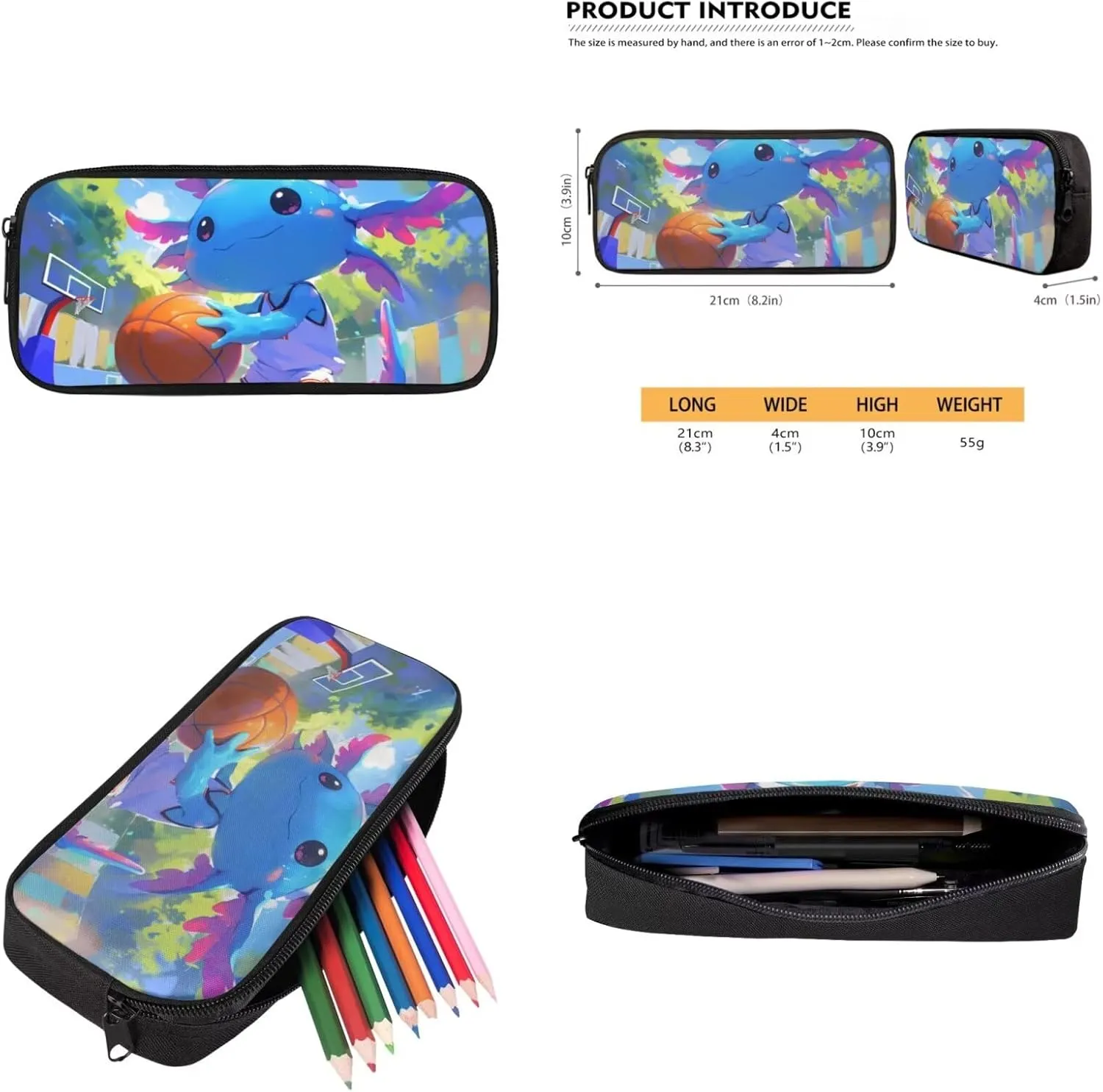 TODIYADDU Basketball Axolotl Backpack for Girls Bookbag with Lunch Box Keychain Cute Pencil Case 4 PCS Set Bookbag 4th Grade Kid 8-10 Years School Bag for Camping/Picnic