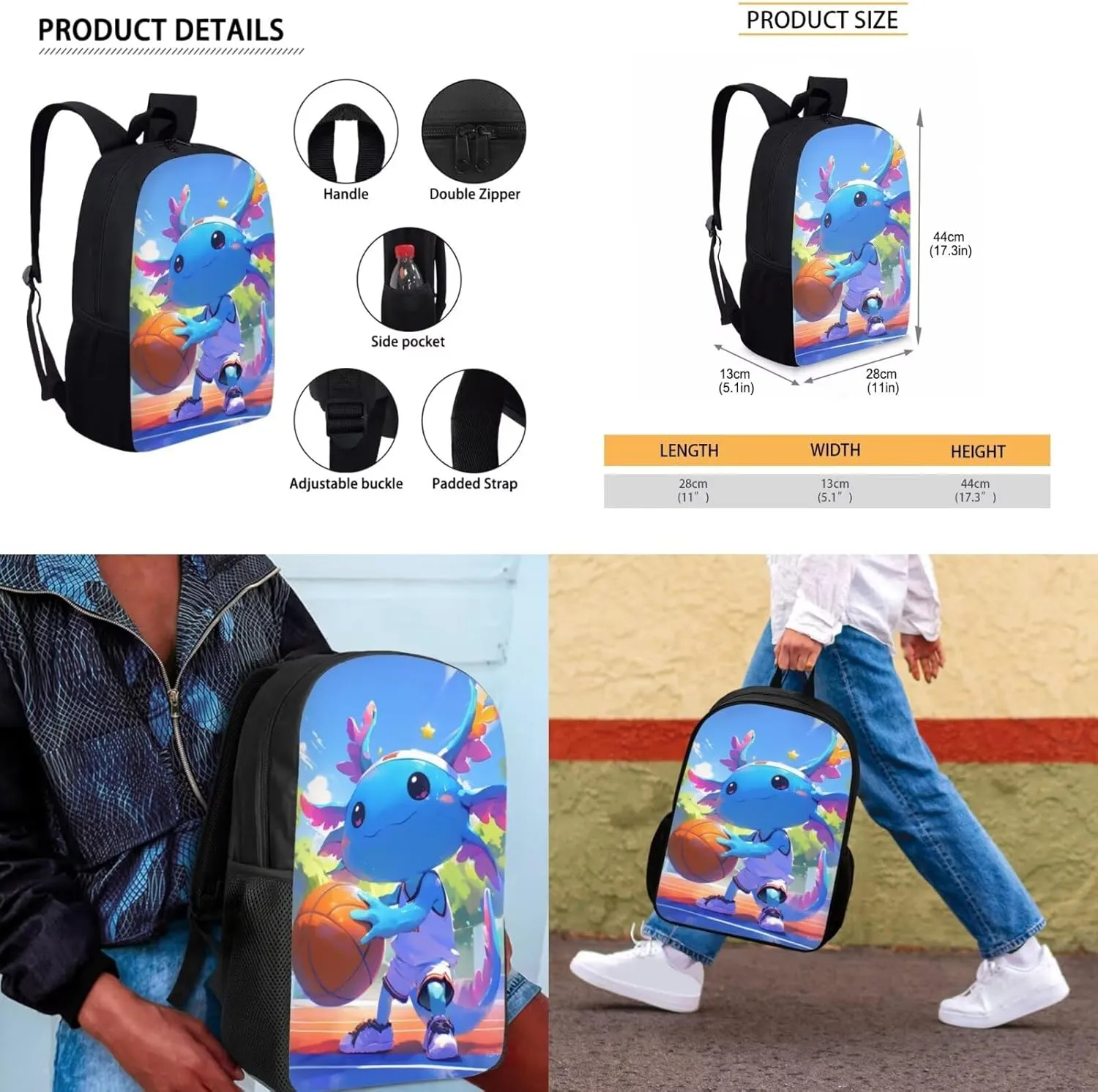TODIYADDU Basketball Axolotl Backpack for Girls Bookbag with Lunch Box Keychain Cute Pencil Case 4 PCS Set Bookbag 4th Grade Kid 8-10 Years School Bag for Camping/Picnic