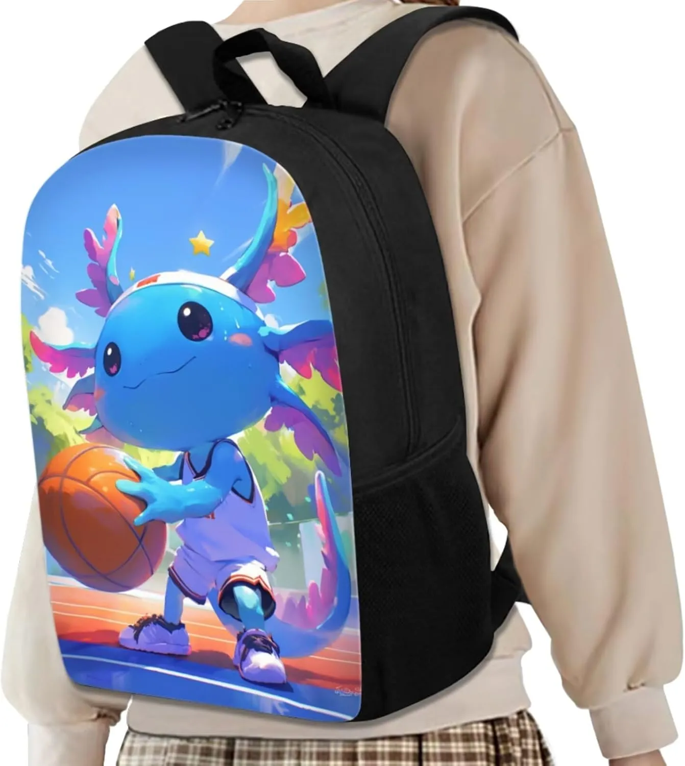 TODIYADDU Basketball Axolotl Backpack for Girls Bookbag with Lunch Box Keychain Cute Pencil Case 4 PCS Set Bookbag 4th Grade Kid 8-10 Years School Bag for Camping/Picnic