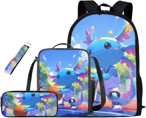 TODIYADDU Basketball Axolotl Backpack for Girls Bookbag with Lunch Box Keychain Cute Pencil Case 4 PCS Set Bookbag 4th Grade Kid 8-10 Years School Bag for Camping/Picnic