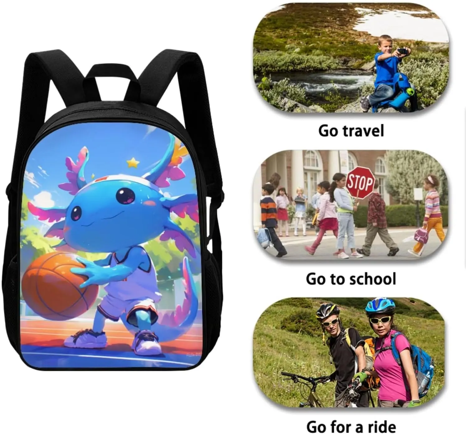 TODIYADDU Basketball Axolotl Backpack for Girls Bookbag with Lunch Box Keychain Cute Pencil Case 4 PCS Set Bookbag 4th Grade Kid 8-10 Years School Bag for Camping/Picnic