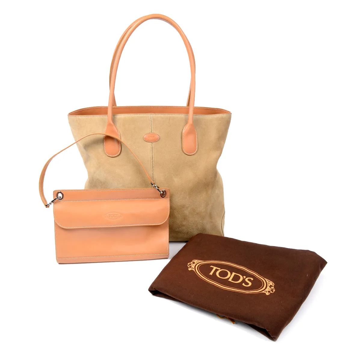 Tod's Large Tan Suede Tote Shopper w/ Built-in Crossbody Leather Bag