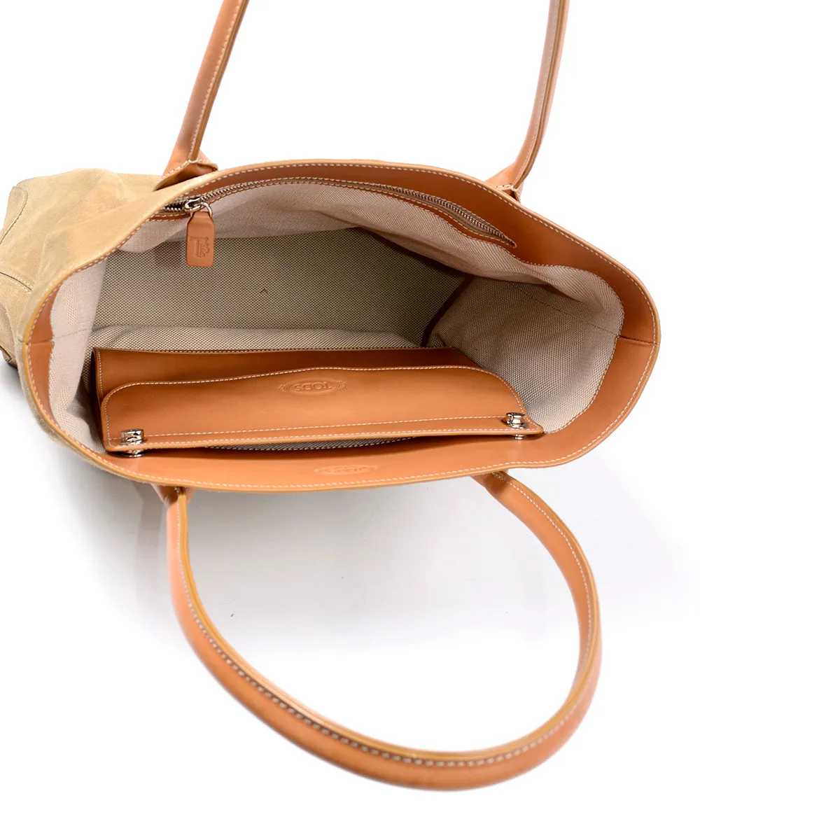 Tod's Large Tan Suede Tote Shopper w/ Built-in Crossbody Leather Bag