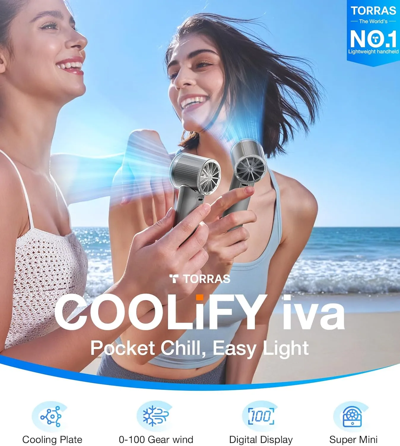 TORRAS COOLiFY iva Handheld Fan with Ice Cooler, [Chill to 60.8F in 1s] 0-100 Speed, Super Mini Powerful Portable Fan, 5000mAh Rechargeable Hand Fan, Travel Essentials, Gifts for Dad Husband,Charcoal