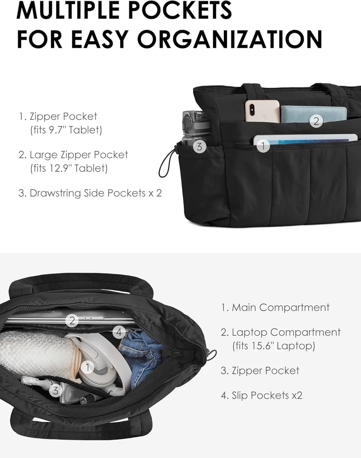 Tote Bag for Women, Lightweight Large Puffer Bag, Quilted Shoulder Purses Handbags for Travel Work