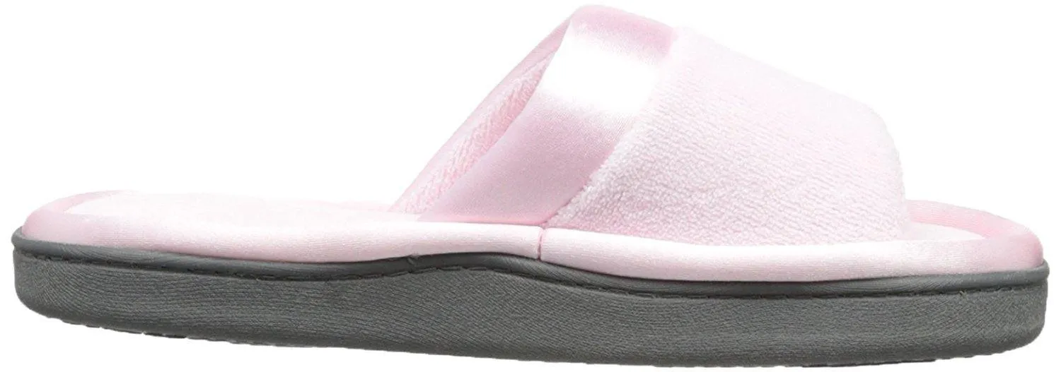 Totes isotoner Women's Microterry Slide Slipper with Satin Trim, Peony, 6.5/7