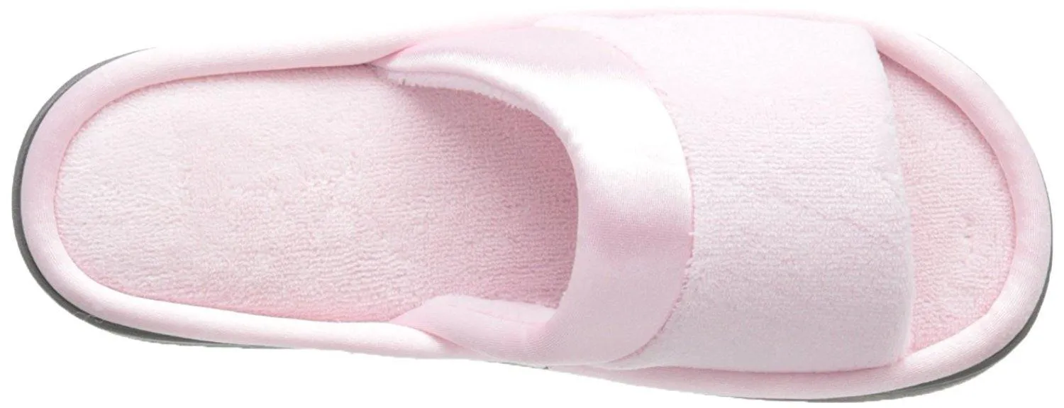 Totes isotoner Women's Microterry Slide Slipper with Satin Trim, Peony, 6.5/7