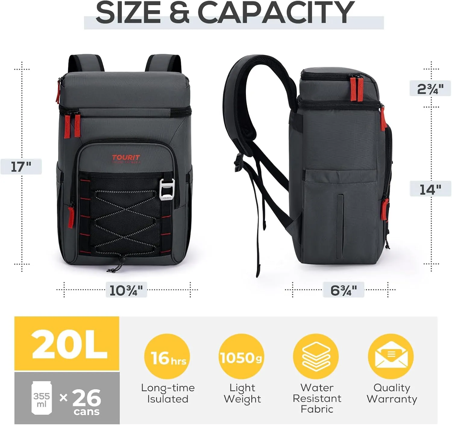 TOURIT Backpack Cooler Insulated Leak Proof 30 Can, 2 Thick Insulated Compartments Thermal Bag, Waterproof Lightweight Beach Travel Camping