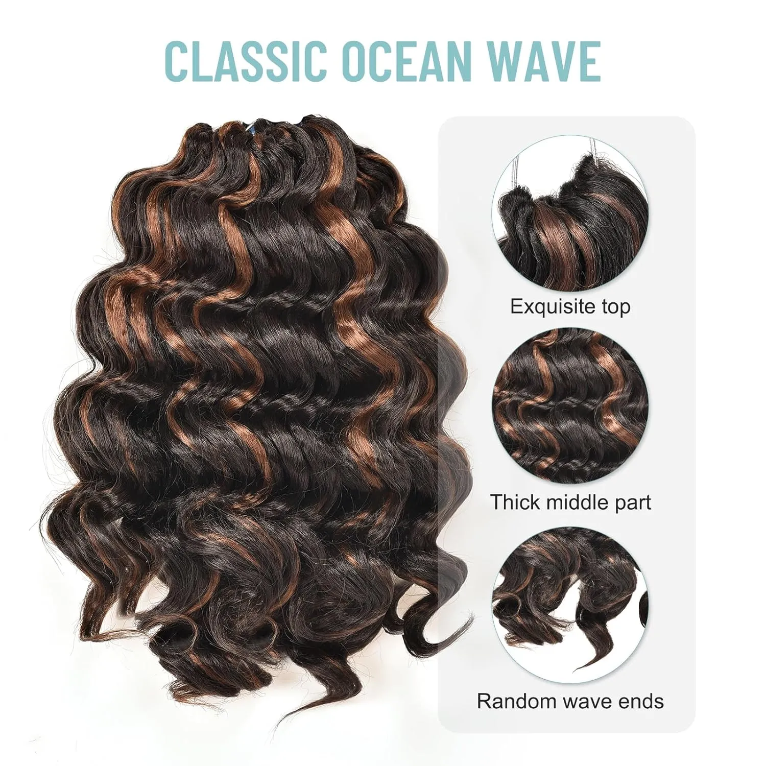 ToyoTree Ocean Wave Crochet Hair - 12 Inch 8 Packs Brown Highlight Mid-Length Curly Deep Wave Crochet Hair, Synthetic Ocean Wave Braiding Hair Extensions (12 Inch,P4/30-8P)