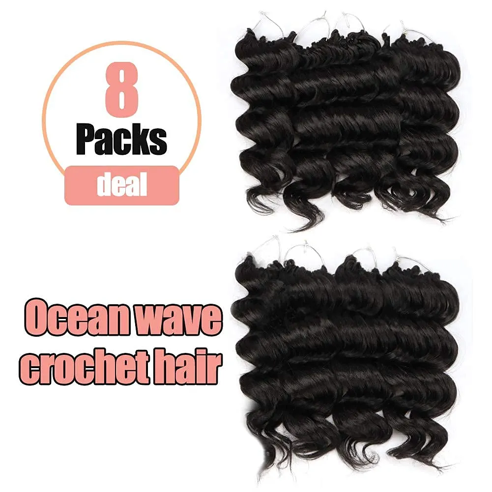 ToyoTree Ocean Wave Crochet Hair - 12 Inch 8 Packs Jet Black Mid-Length Curly Deep Wave Crochet Hair, Synthetic Ocean Wave Braiding Hair Extensions (12 Inch,#1-8P)