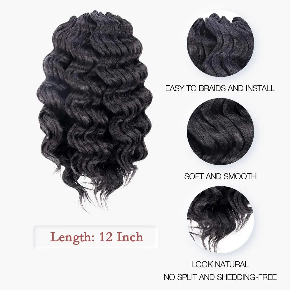 ToyoTree Ocean Wave Crochet Hair - 12 Inch 8 Packs Jet Black Mid-Length Curly Deep Wave Crochet Hair, Synthetic Ocean Wave Braiding Hair Extensions (12 Inch,#1-8P)