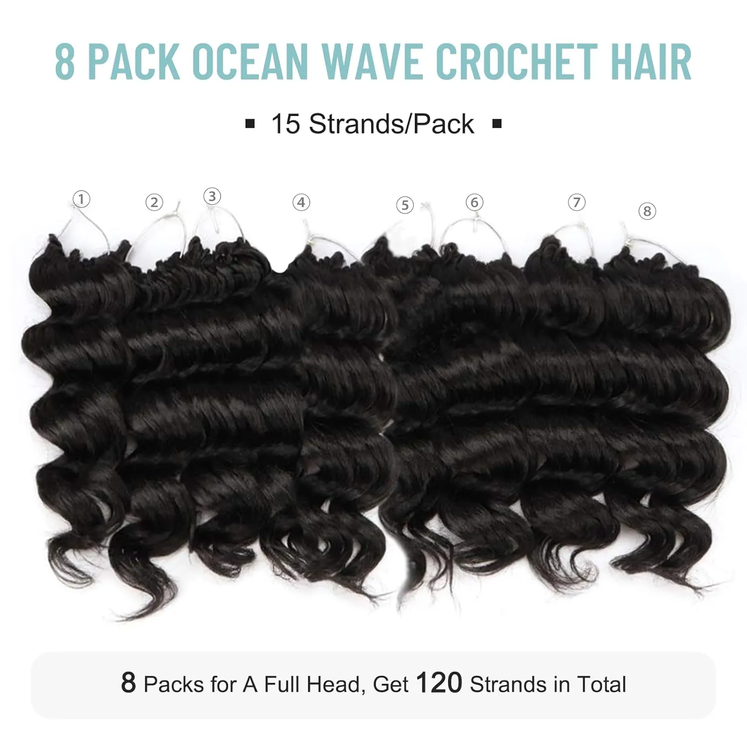 ToyoTree Ocean Wave Crochet Hair - 12 Inch 8 Packs Natural Black Mid-Length Curly Deep Wave Crochet Hair, Synthetic Ocean Wave Braiding Hair Extensions (12 Inch,1B-8P)