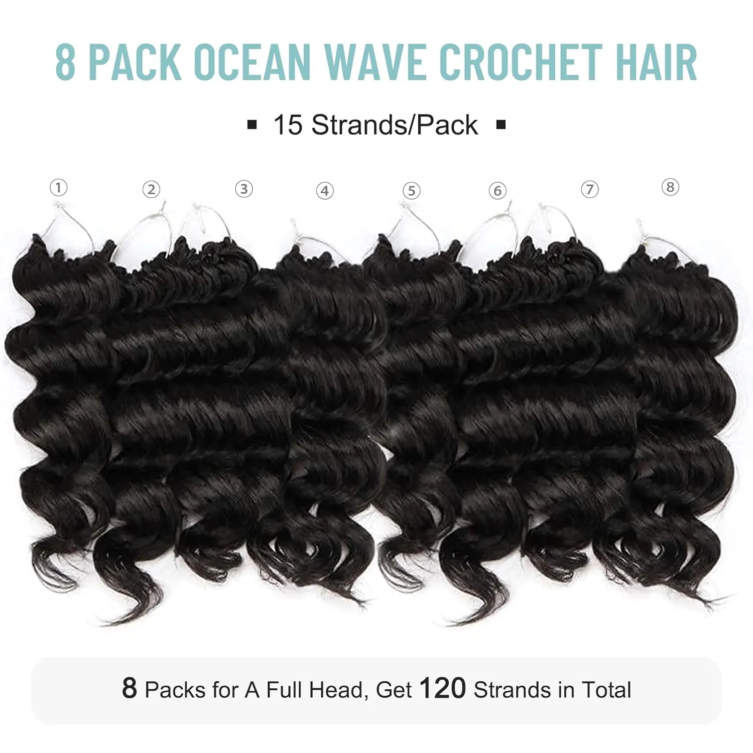 ToyoTree Ocean Wave Crochet Hair - 9 Inch 8 Packs Jet Black Short Curly Deep Wave Crochet Hair, Synthetic Ocean Wave Braiding Hair Extensions (9 Inch,#1-8P)