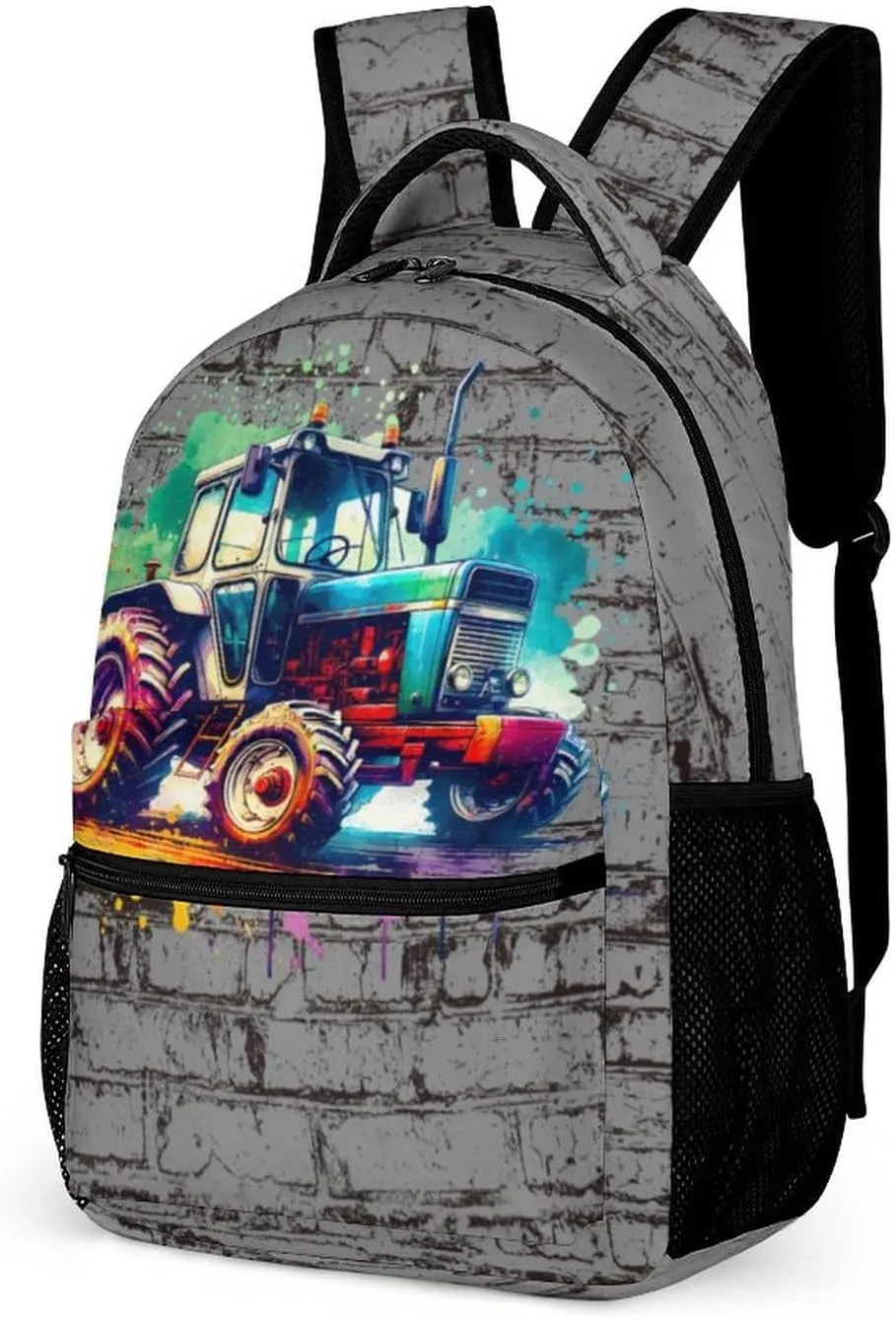 Tractor Backpack for Kids Girls Boys School, 16 Inches Cute Tractors Theme Bookbag, Adjustable, Lightweight, Large Capacity, Colorful Daily Casual Backpacks