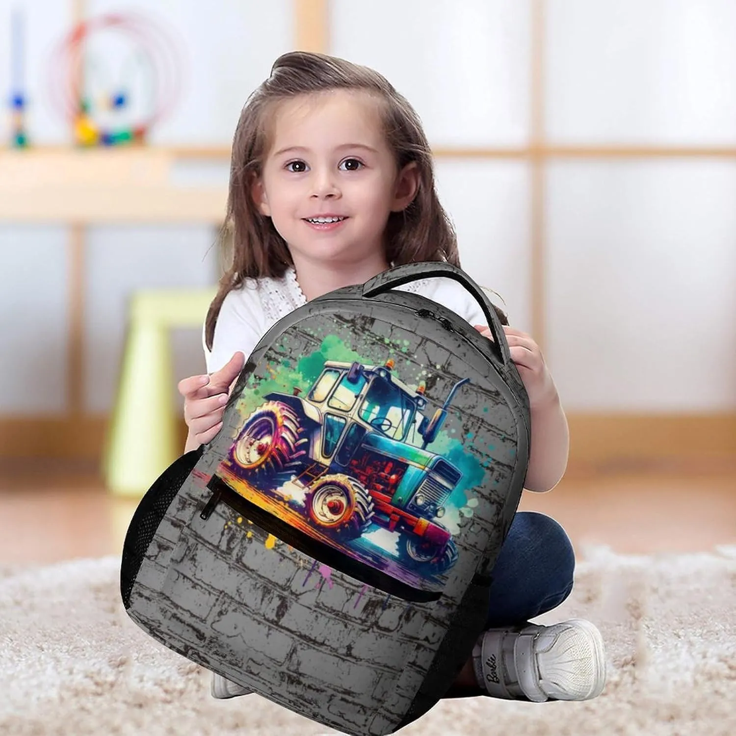 Tractor Backpack for Kids Girls Boys School, 16 Inches Cute Tractors Theme Bookbag, Adjustable, Lightweight, Large Capacity, Colorful Daily Casual Backpacks