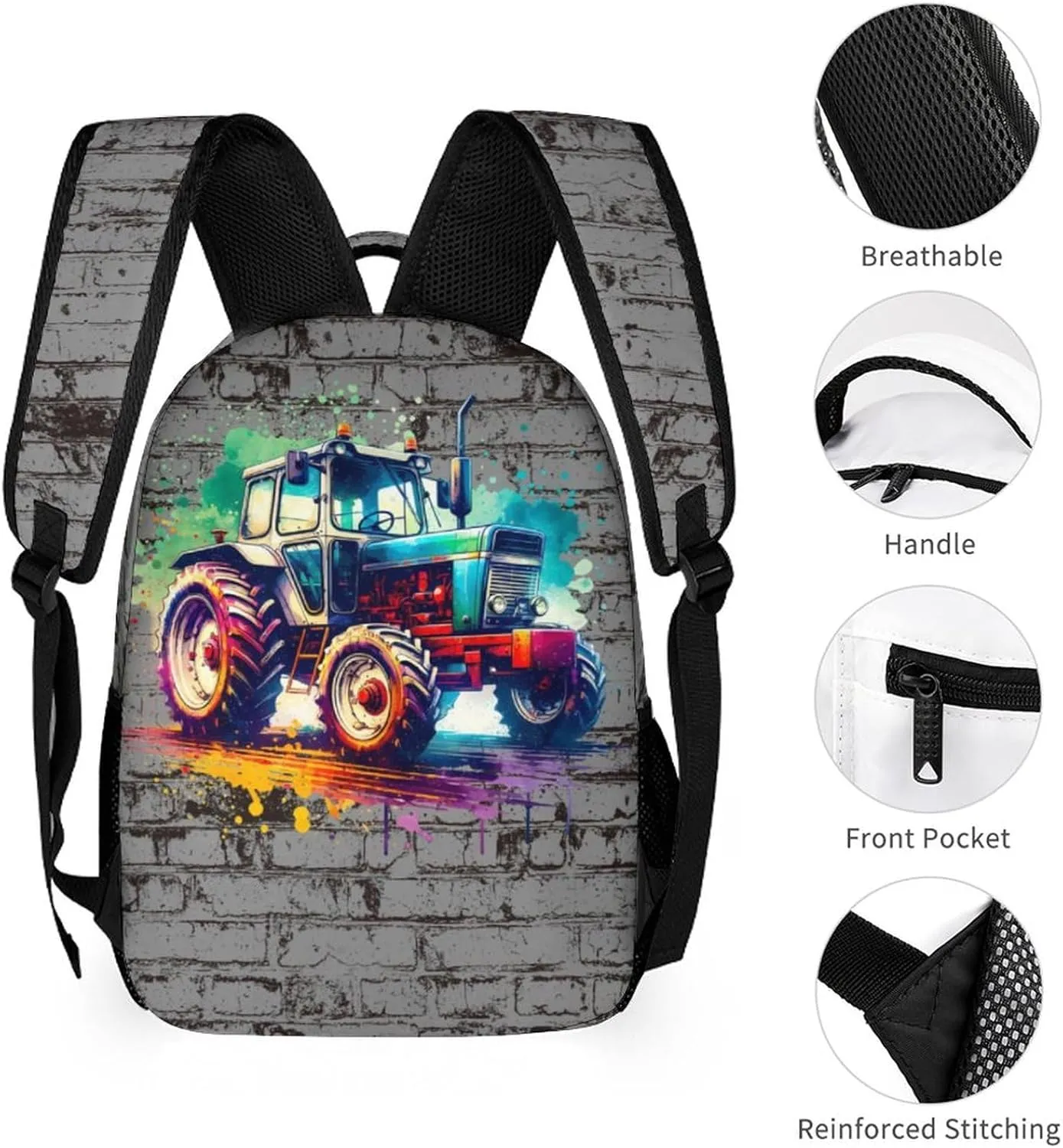 Tractor Backpack for Kids Girls Boys School, 16 Inches Cute Tractors Theme Bookbag, Adjustable, Lightweight, Large Capacity, Colorful Daily Casual Backpacks
