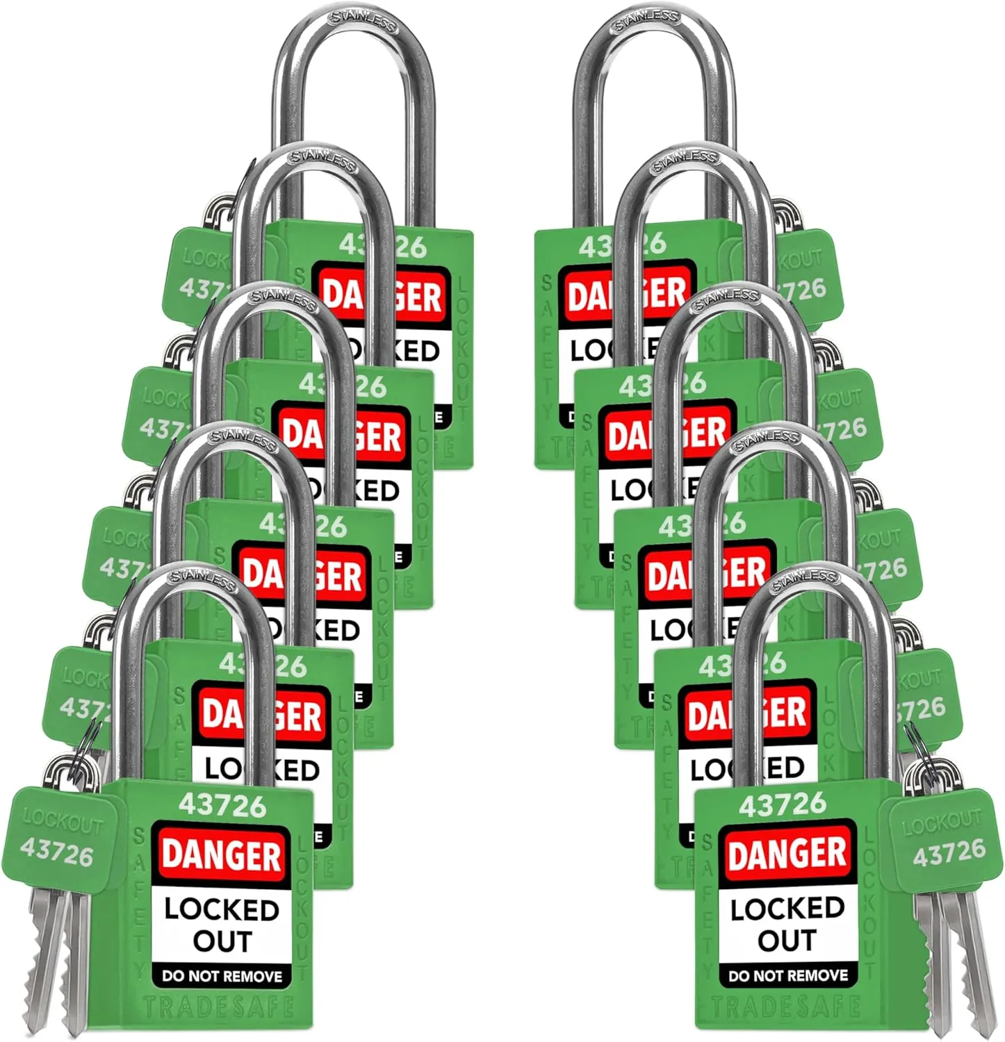 TRADESAFE Lockout Tagout Locks Set - 10 Green Keyed Alike Padlocks, 2 Keys Per Lock, OSHA Compliant Loto Locks for Lock Out Tag Out Stations, Premium Grade