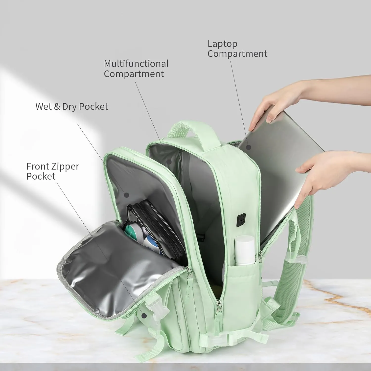 Travel Backpack For Women, 25L Waterproof Laptop Daypack for Traveling Camping, Small Carry On Flight Approved Backpacks (Green)