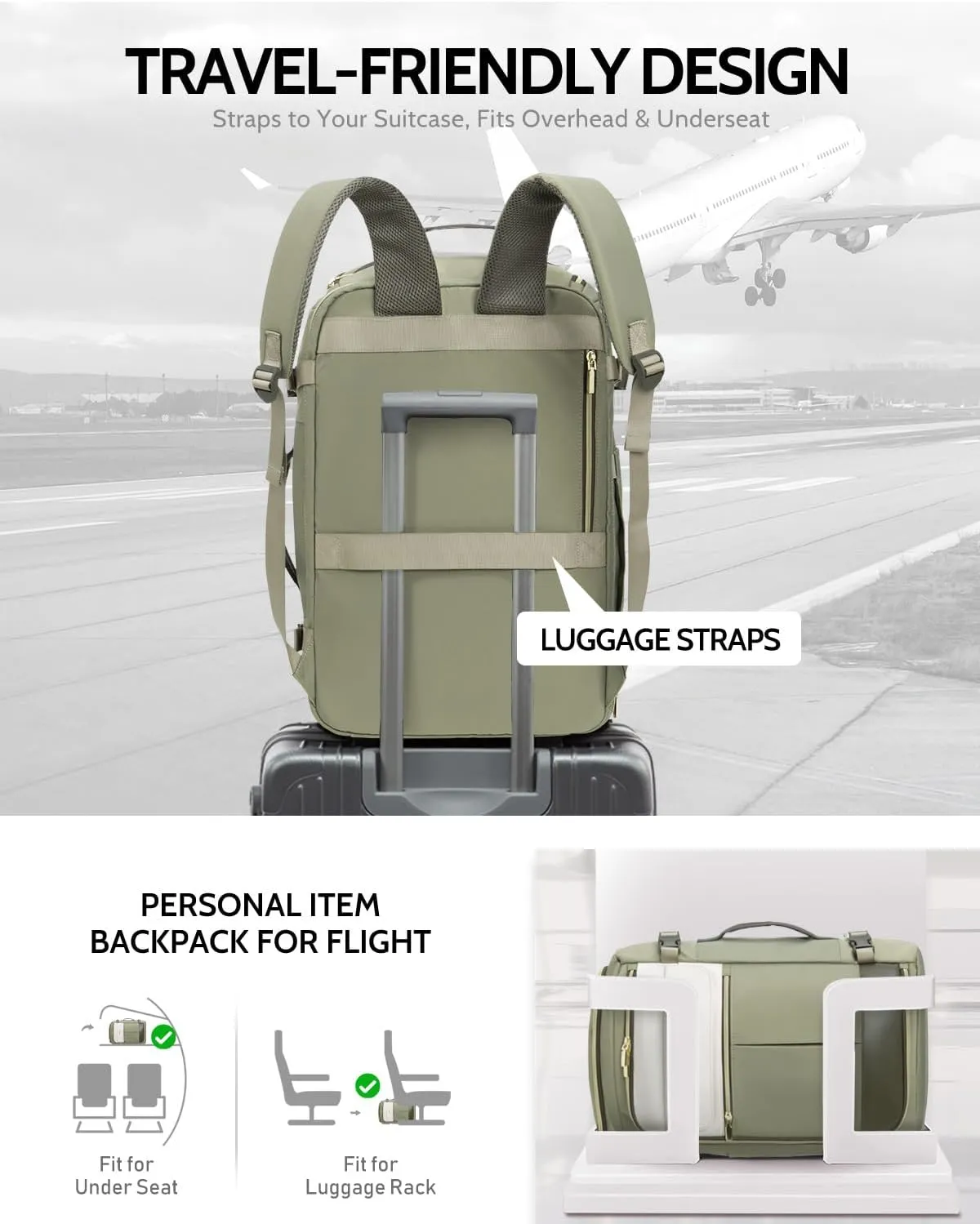 Travel Backpack for Women, 40L Carry On Backpacks Flight Approved, 18x14x8 Inches Personal Item Travel Bag, Large Backpack for Travel fits 17.3” Laptop, Waterproof Weekender Bag