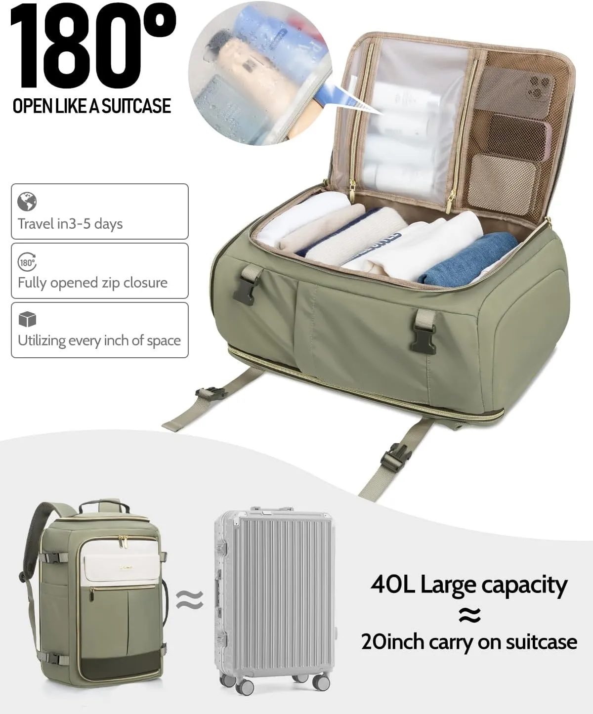 Travel Backpack for Women, 40L Carry On Backpacks Flight Approved, 18x14x8 Inches Personal Item Travel Bag, Large Backpack for Travel fits 17.3” Laptop, Waterproof Weekender Bag