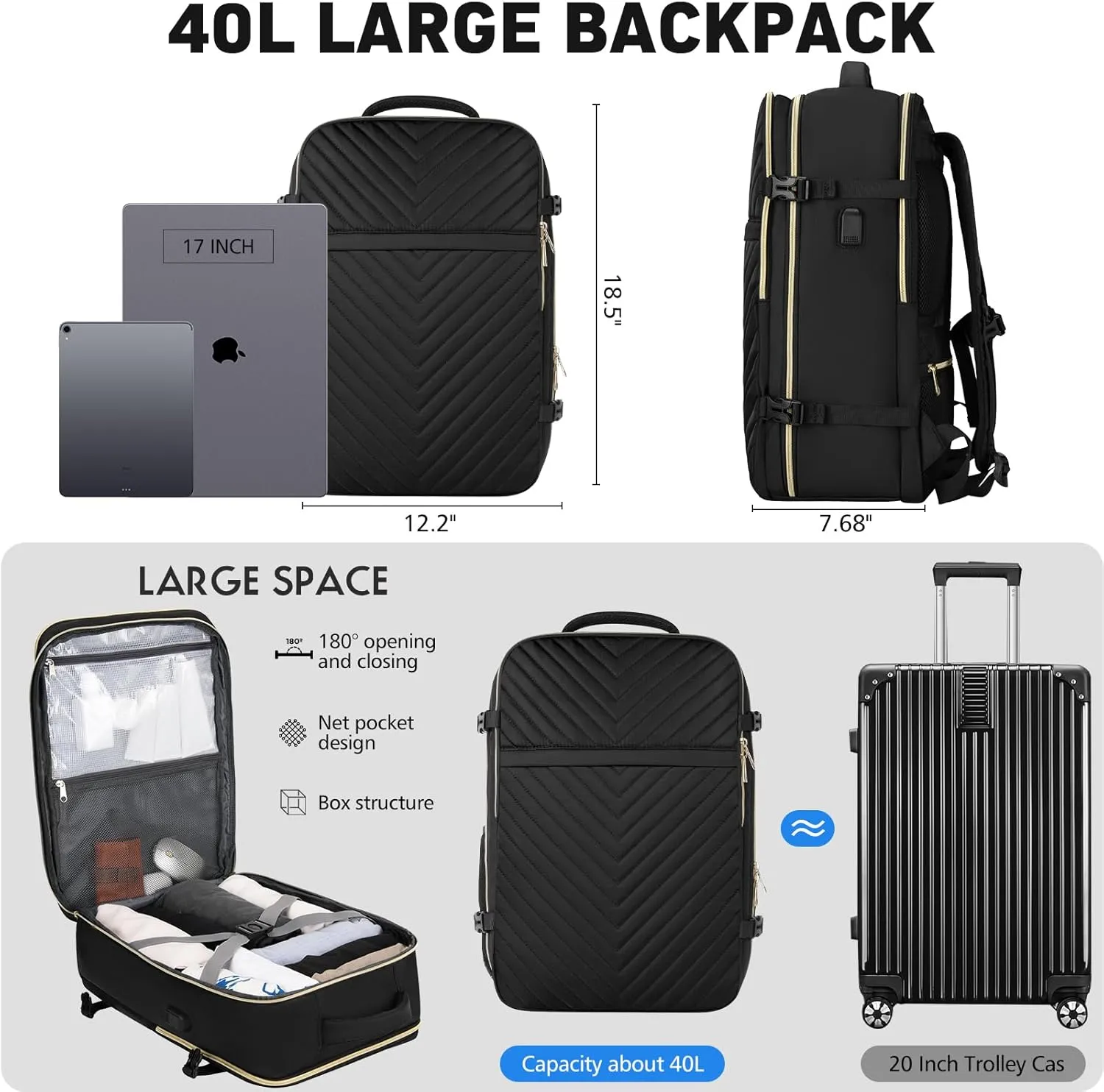 Travel Backpack for Women, Flight Approved Carry On Backpack for Airplanes with 3 Packing Cubes, Large 40L Suitcase Backpacks Lightweight Luggage Bags Fit 17 Inch Laptop, Black