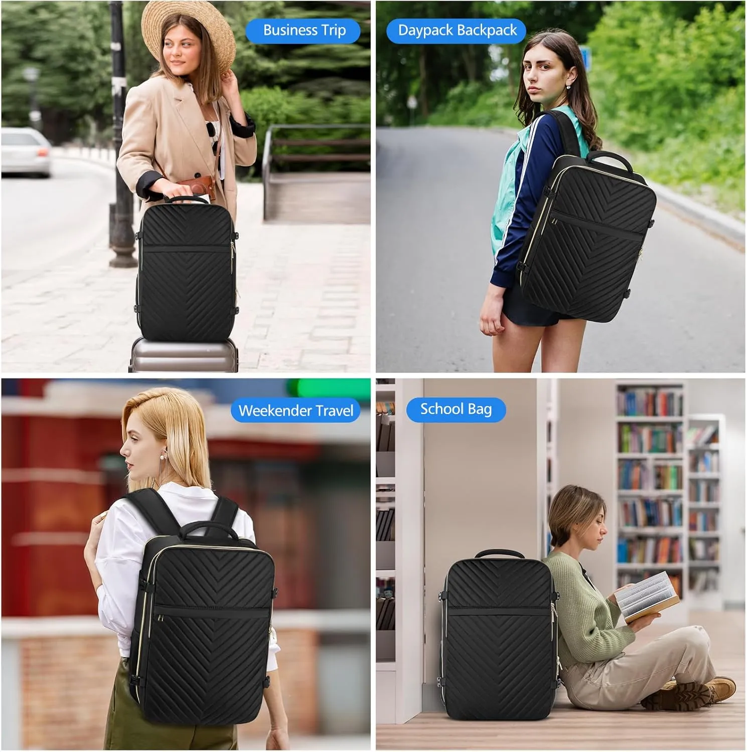Travel Backpack for Women, Flight Approved Carry On Backpack for Airplanes with 3 Packing Cubes, Large 40L Suitcase Backpacks Lightweight Luggage Bags Fit 17 Inch Laptop, Black