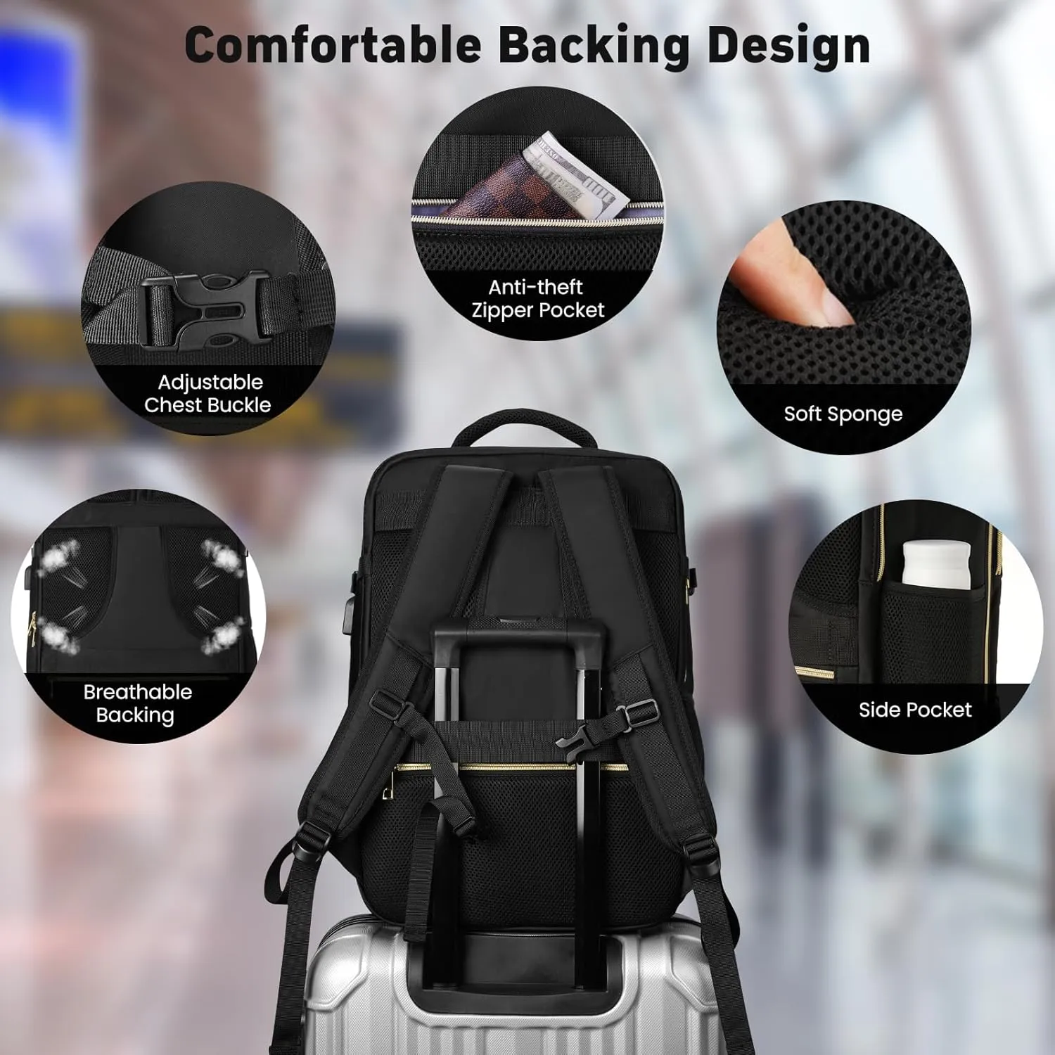 Travel Backpack for Women, Flight Approved Carry On Backpack for Airplanes with 3 Packing Cubes, Large 40L Suitcase Backpacks Lightweight Luggage Bags Fit 17 Inch Laptop, Black