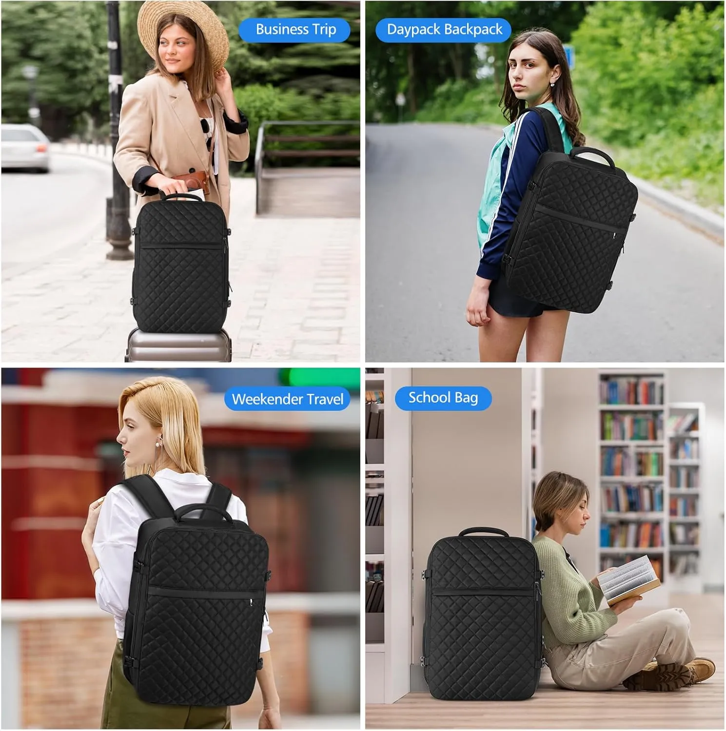 Travel Backpack for Women, Flight Approved Carry On Backpack, Large 40L Suitcase Backpacks Waterproof Luggage Bag Weekender Daypack Fit 17 Inch Laptop, Black(gun zipper)