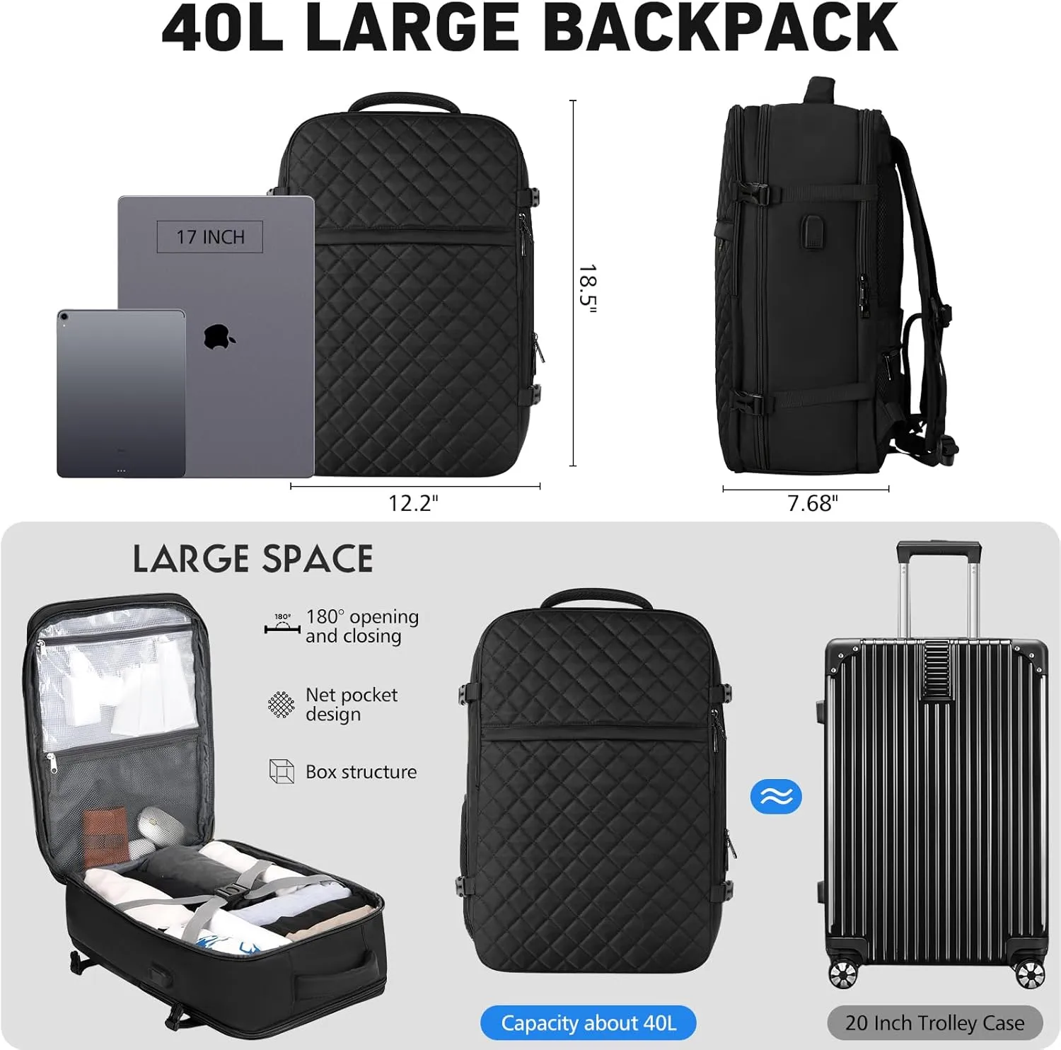 Travel Backpack for Women, Flight Approved Carry On Backpack, Large 40L Suitcase Backpacks Waterproof Luggage Bag Weekender Daypack Fit 17 Inch Laptop, Black(gun zipper)