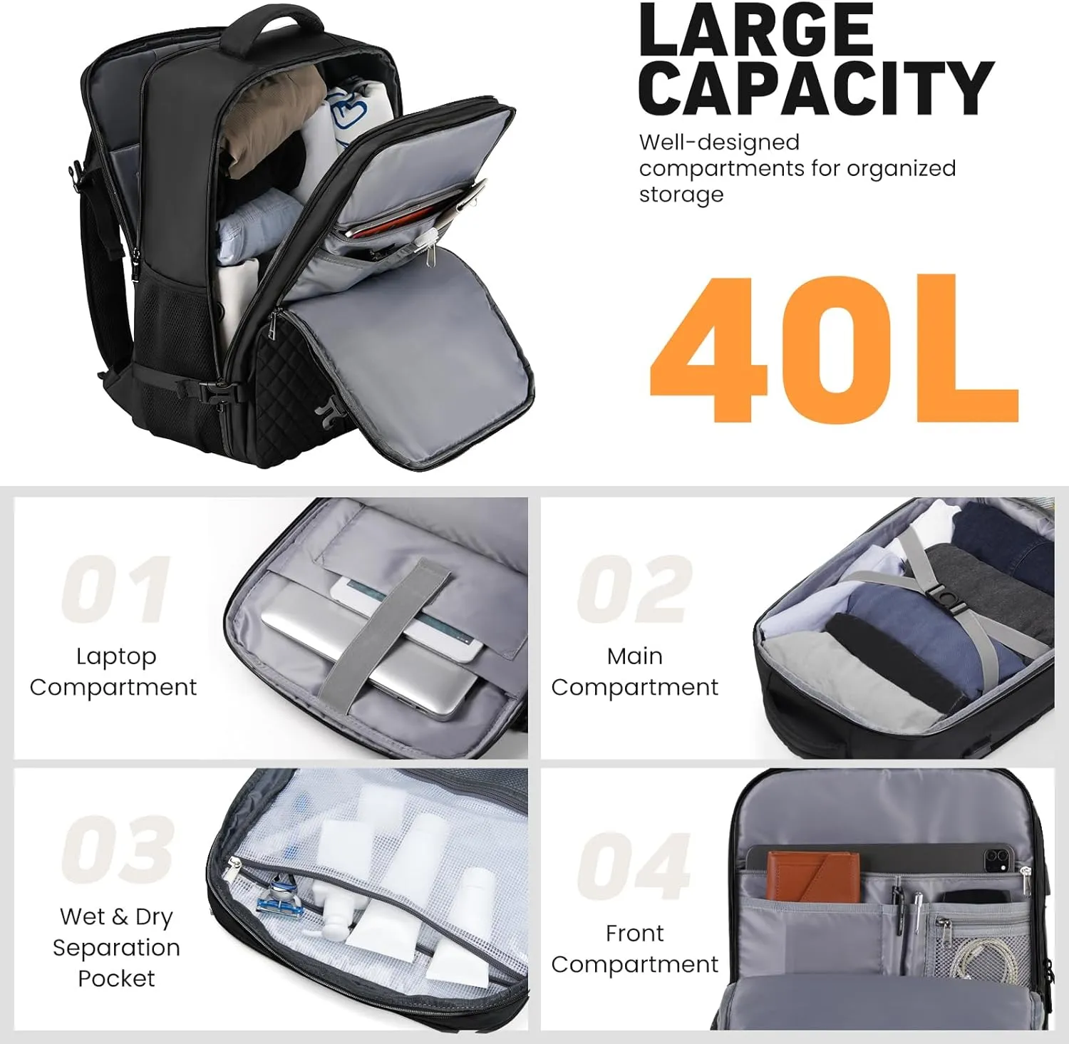 Travel Backpack for Women, Flight Approved Carry On Backpack, Large 40L Suitcase Backpacks Waterproof Luggage Bag Weekender Daypack Fit 17 Inch Laptop, Black(gun zipper)