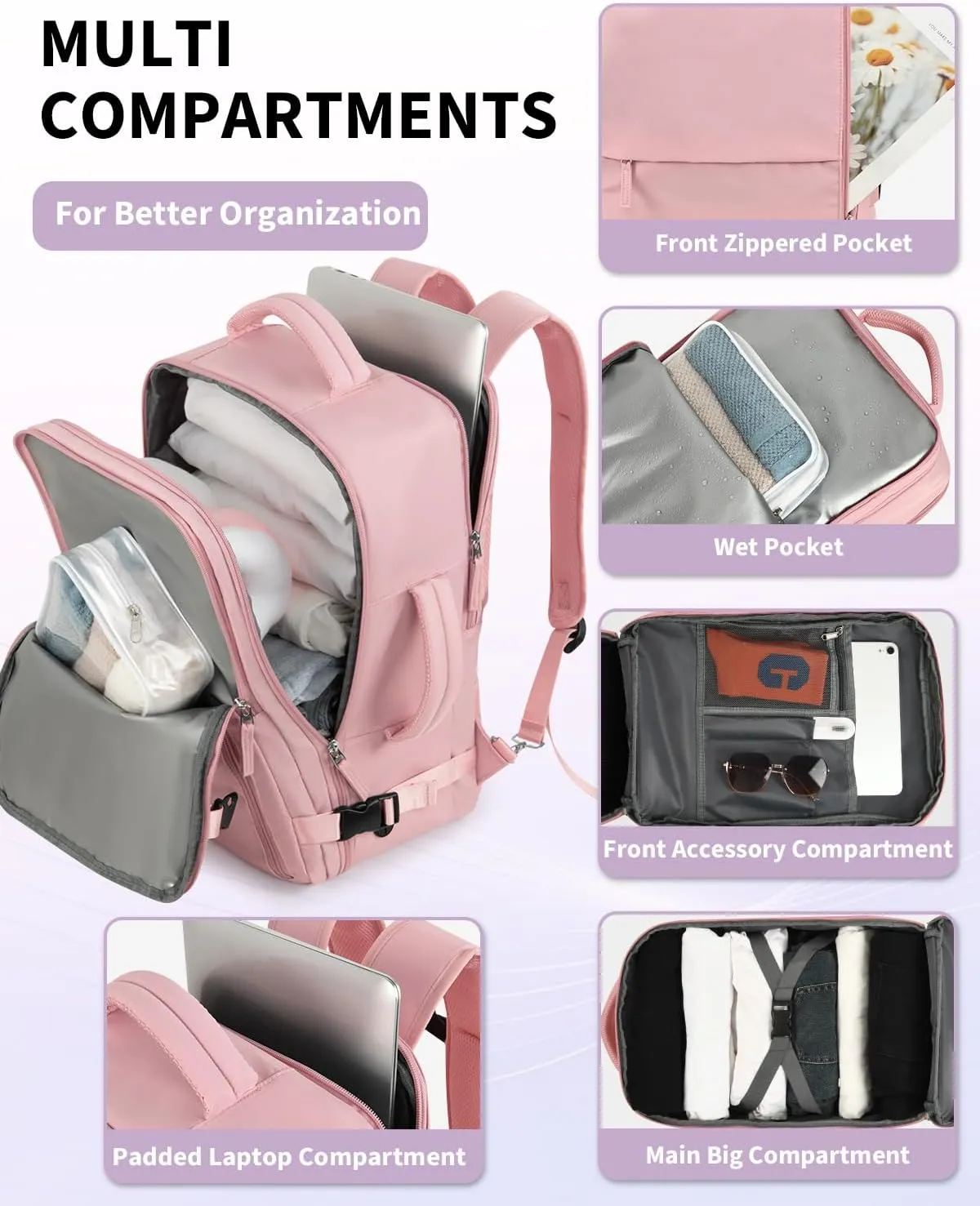 Travel Backpack for Women Men, Carry On Backpacks Personal Item Bag, TSA 17 Inch Laptop Bags, Waterproof Backpack Flight Approved, Nurse Bag Casual Daypack for School, Business, College, Pink