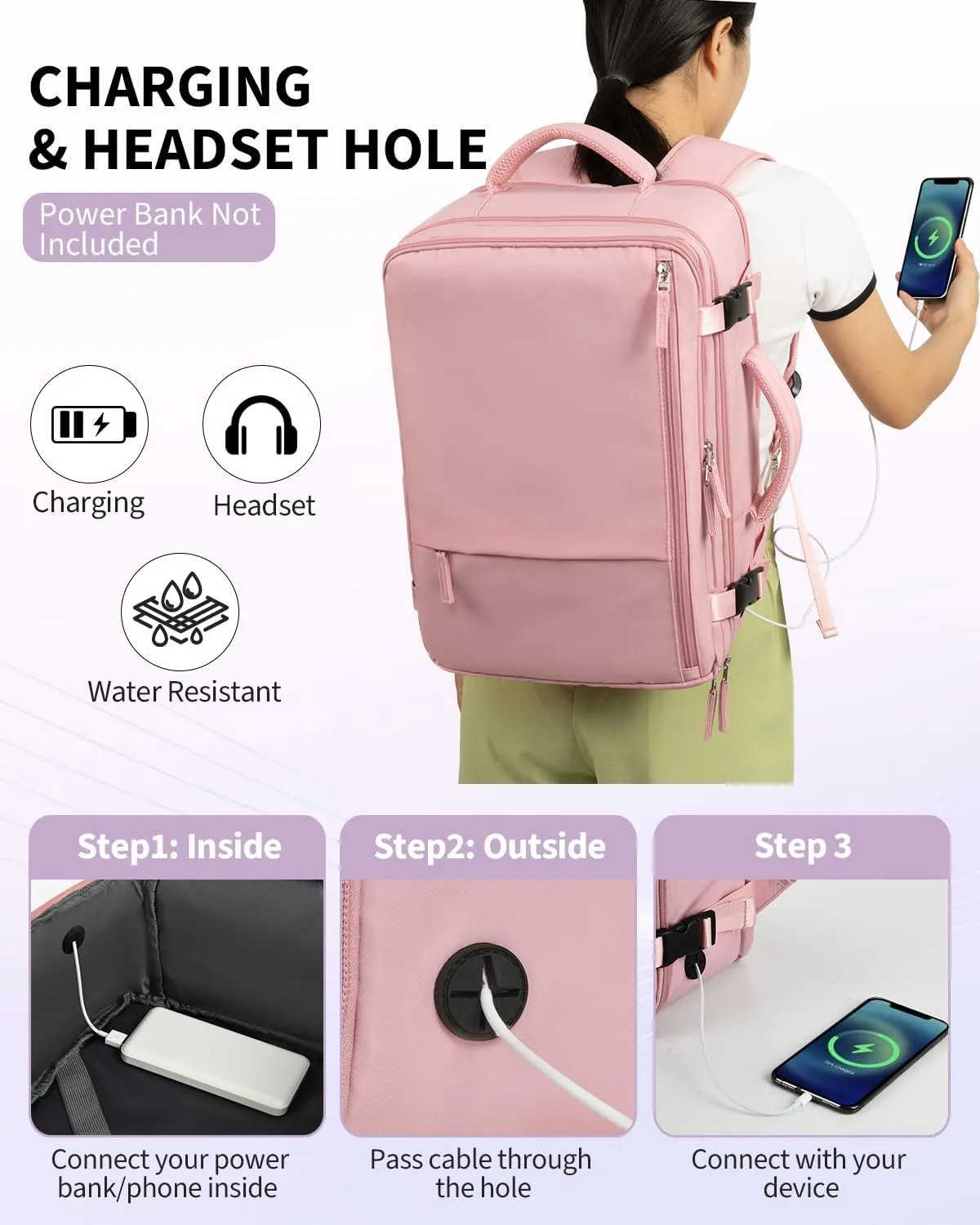 Travel Backpack for Women Men, Carry On Backpacks Personal Item Bag, TSA 17 Inch Laptop Bags, Waterproof Backpack Flight Approved, Nurse Bag Casual Daypack for School, Business, College, Pink