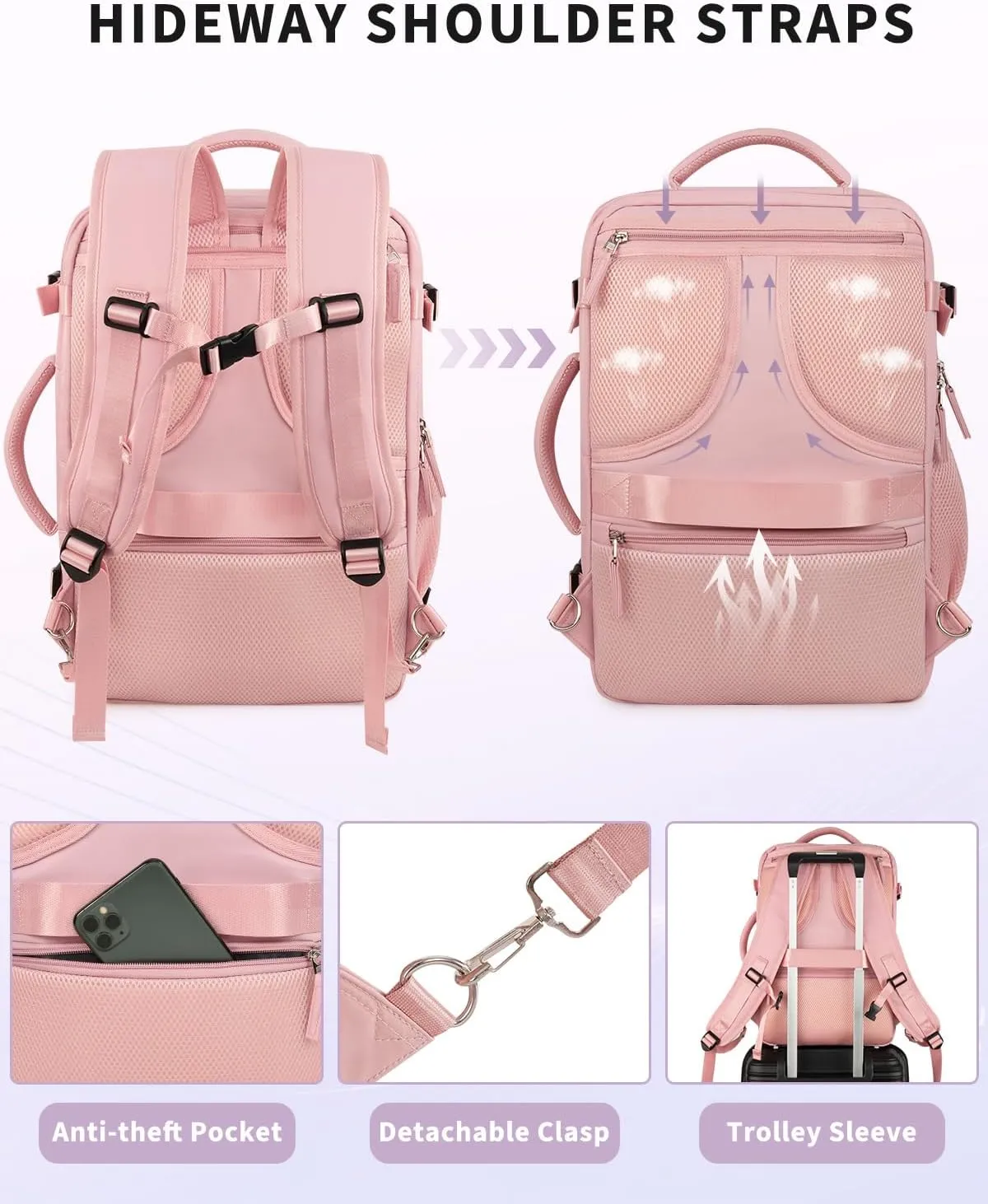 Travel Backpack for Women Men, Carry On Backpacks Personal Item Bag, TSA 17 Inch Laptop Bags, Waterproof Backpack Flight Approved, Nurse Bag Casual Daypack for School, Business, College, Pink