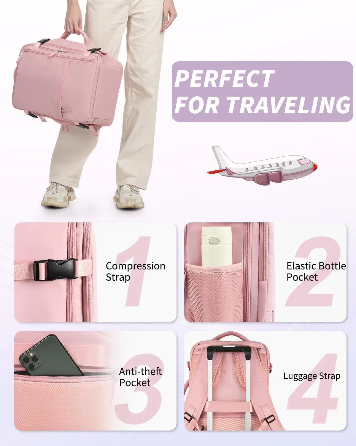 Travel Backpack for Women Men, Carry On Backpacks Personal Item Bag, TSA 17 Inch Laptop Bags, Waterproof Backpack Flight Approved, Nurse Bag Casual Daypack for School, Business, College, Pink
