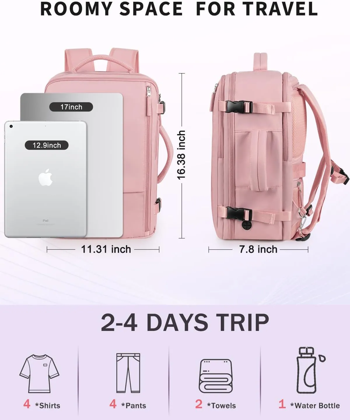 Travel Backpack for Women Men, Carry On Backpacks Personal Item Bag, TSA 17 Inch Laptop Bags, Waterproof Backpack Flight Approved, Nurse Bag Casual Daypack for School, Business, College, Pink