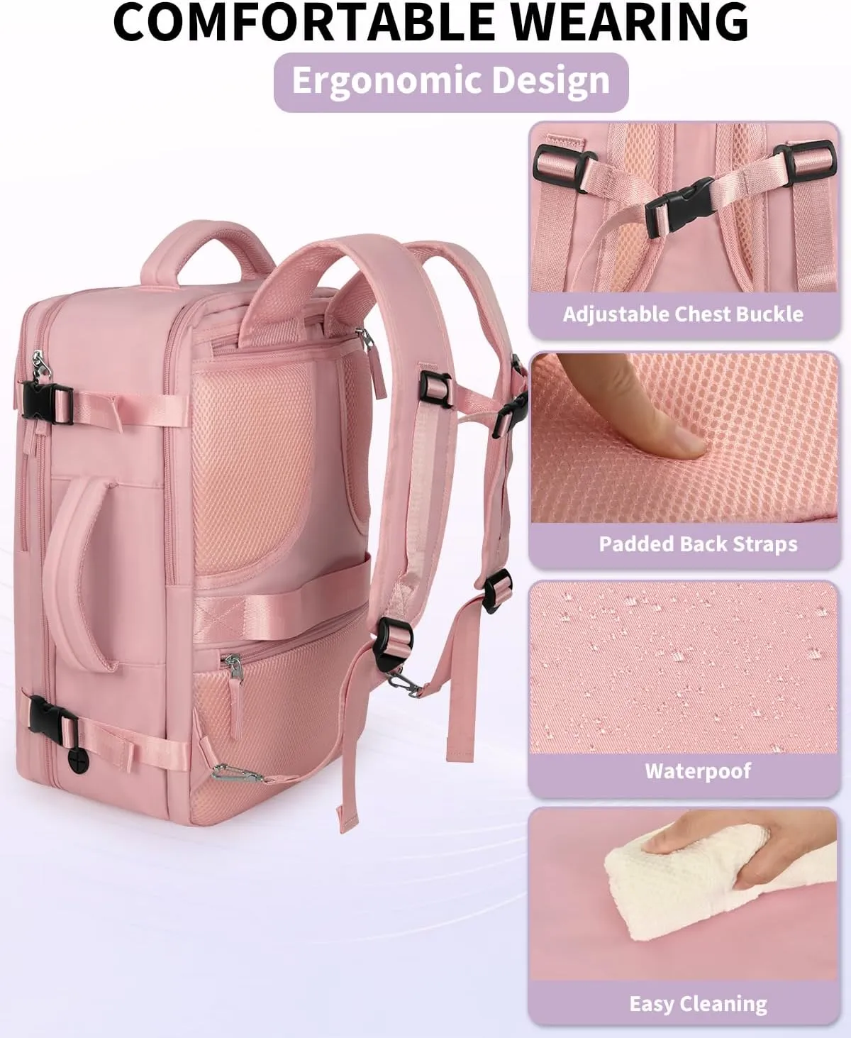Travel Backpack for Women Men, Carry On Backpacks Personal Item Bag, TSA 17 Inch Laptop Bags, Waterproof Backpack Flight Approved, Nurse Bag Casual Daypack for School, Business, College, Pink
