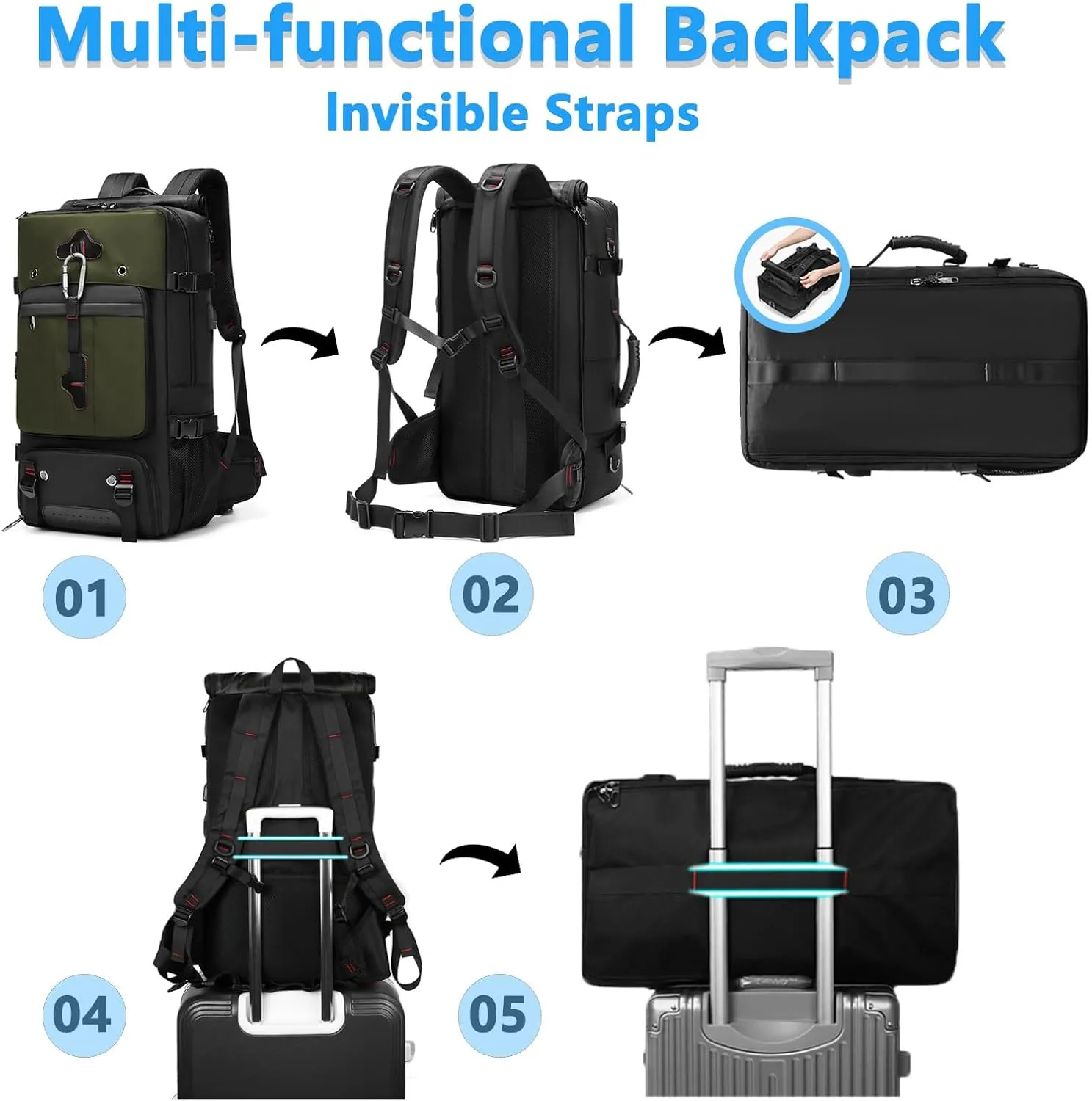 Travel Backpack Large Capacity Shoulder Bag for Outdoor Activities 60L Expandable Flight Backpack Men's Women's Hiking Waterproof Sturdy Oxford Cloth Backpacks Green