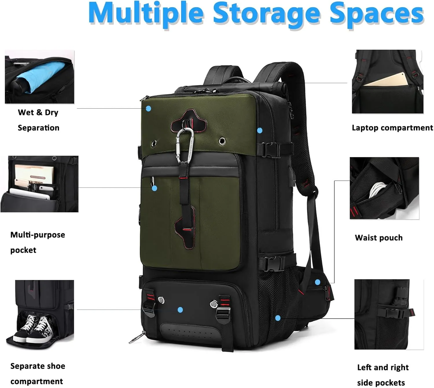 Travel Backpack Large Capacity Shoulder Bag for Outdoor Activities 60L Expandable Flight Backpack Men's Women's Hiking Waterproof Sturdy Oxford Cloth Backpacks Green