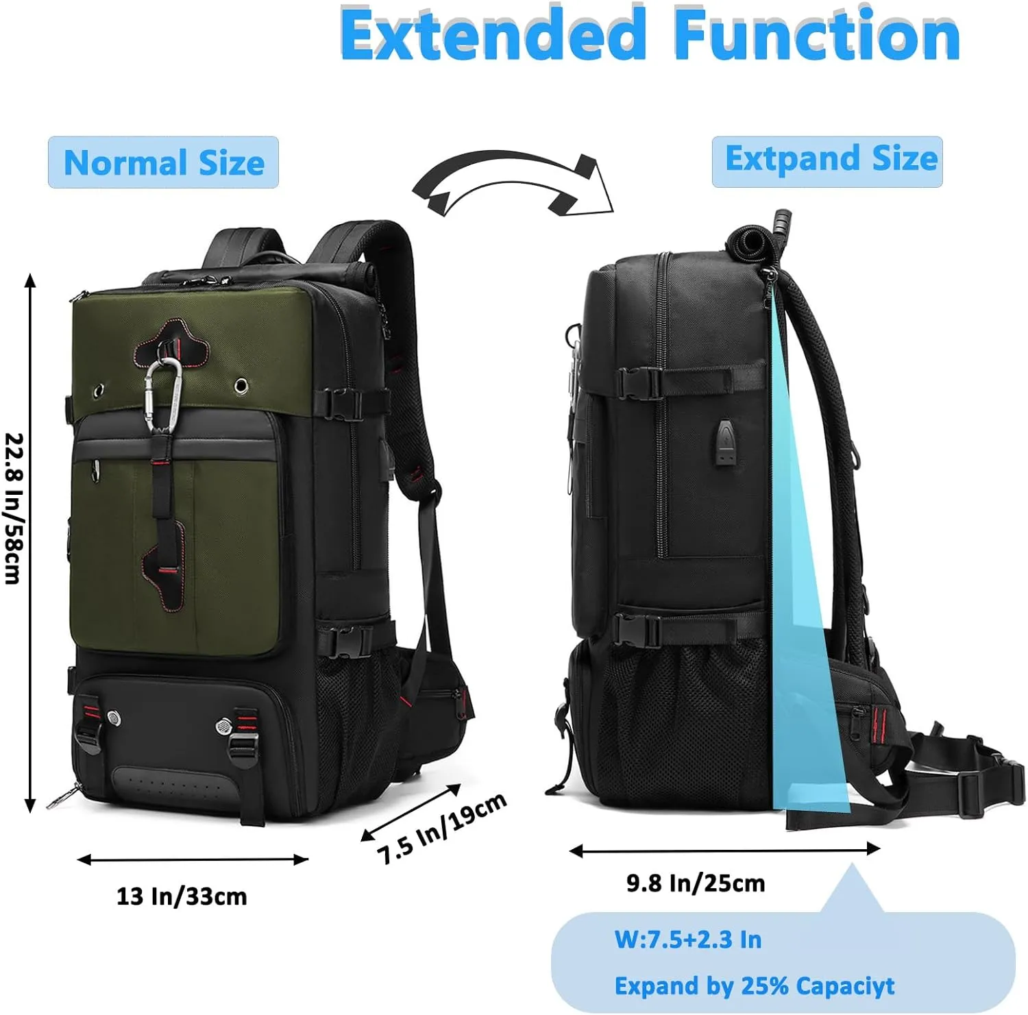 Travel Backpack Large Capacity Shoulder Bag for Outdoor Activities 60L Expandable Flight Backpack Men's Women's Hiking Waterproof Sturdy Oxford Cloth Backpacks Green