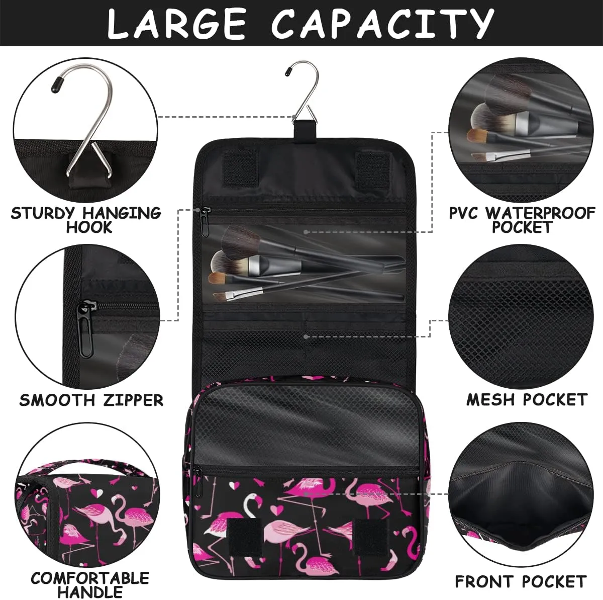 Travel Hanging Toiletry Bag for Women Men Animal Pink Flamingo Cosmetic Bag Waterproof Makeup Organizer for Accessories, Shampoo, Full Sized Container, Toiletries for Bathroom Shower