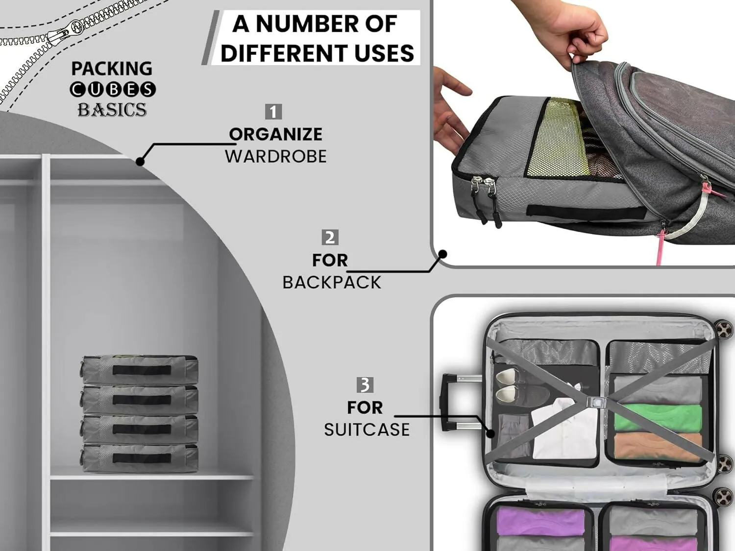 Travel Packing Cubes Polyester Organizer Bags (Pack of 4,Grey)
