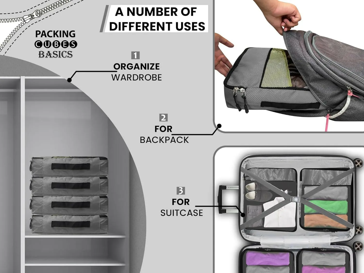 Travel Packing Cubes Set Polyester Organizer Bags (Pack of 4,Grey)