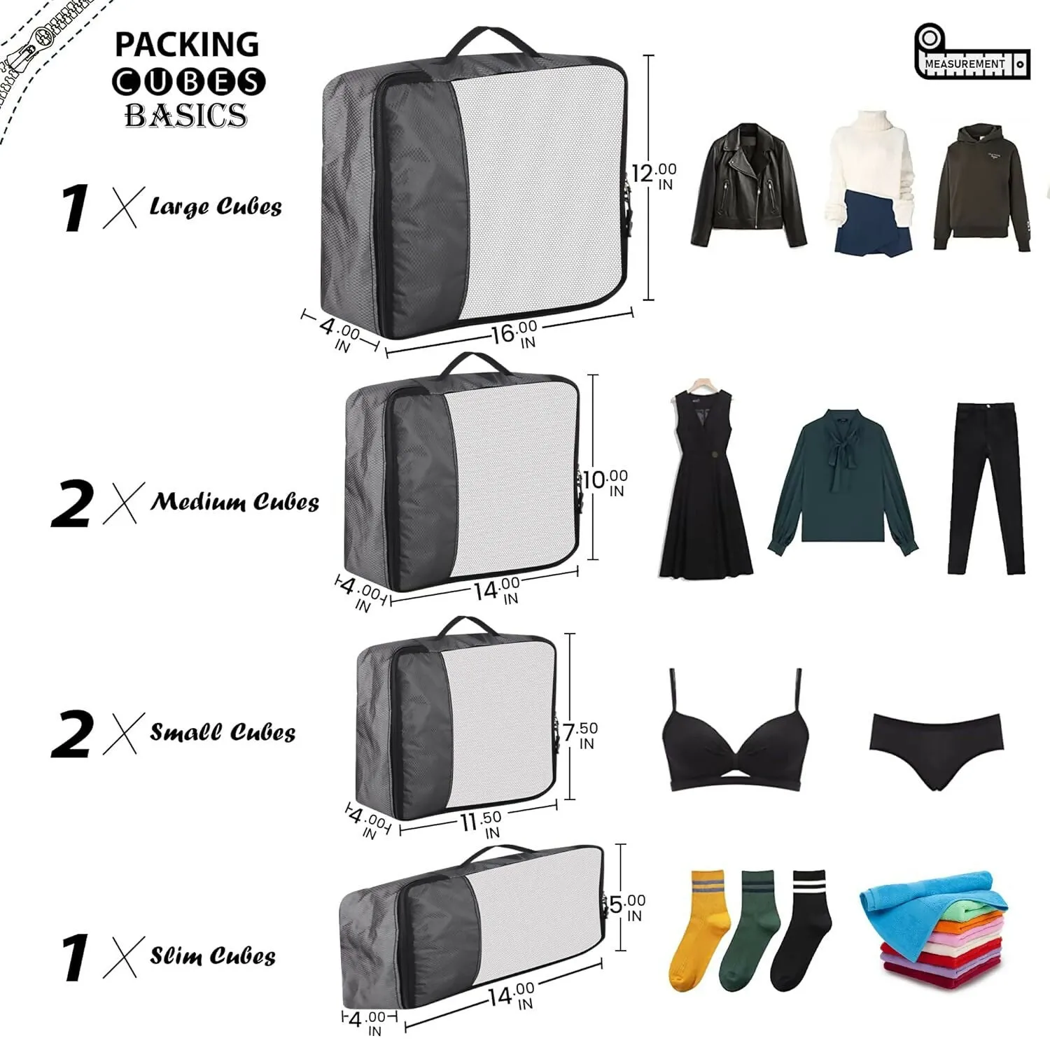 Travel Packing Cubes Set Polyester Organizer Bags (Pack of 4,Grey)