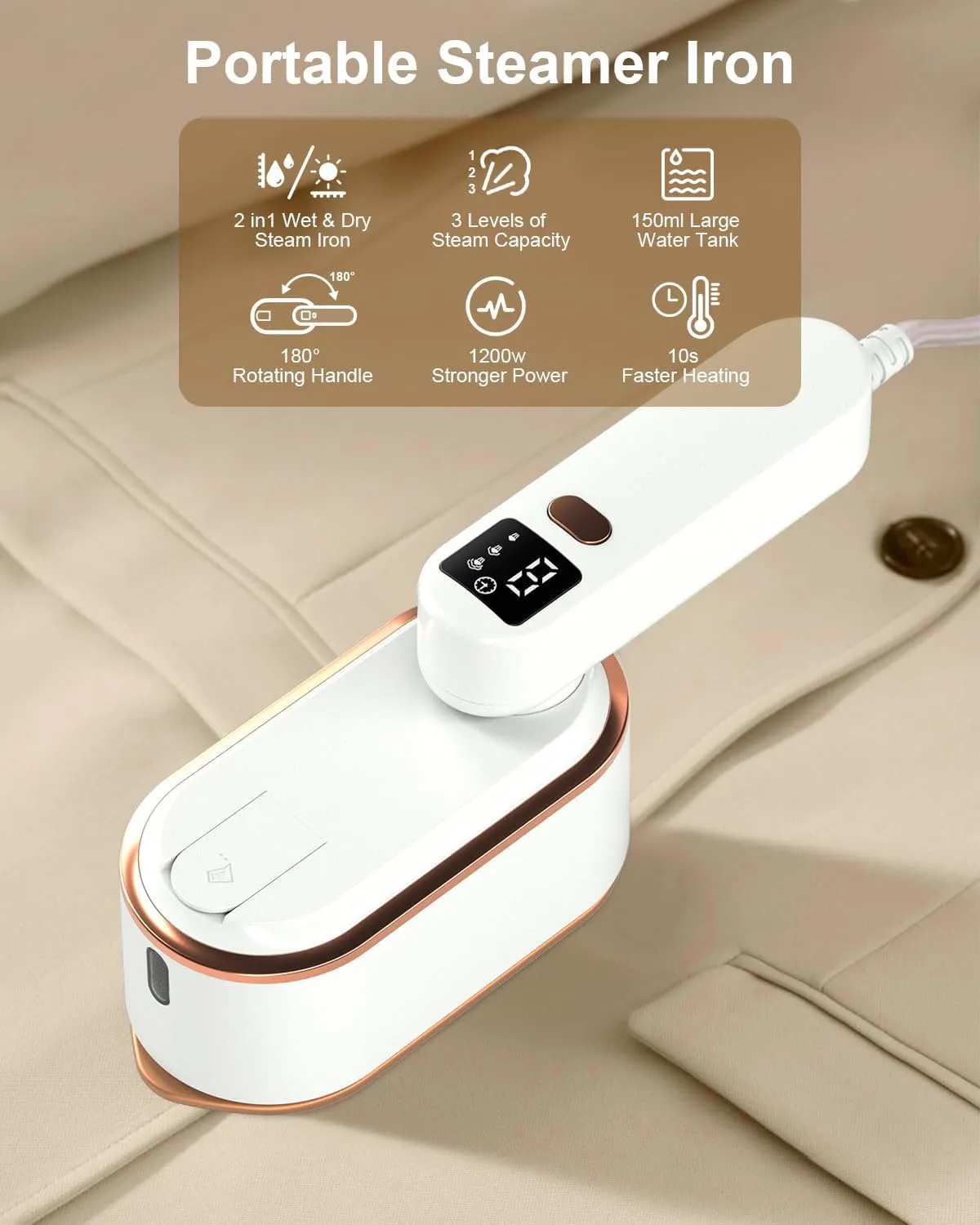 Travel Steamer Iron for Clothes - 1200W Handheld Size Portable Travel Steamer, 3 Steam Levels Clothes Steamer with LCD Screen, 10S Fast Heat-up Steamer for Dress Shirt Home Travel (Beige White)