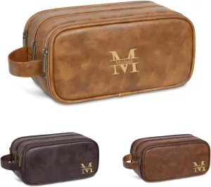 Travel Toiletry Bag for Men Personalized Leather Dopp Kit Bathroom Toiletries Organizer Cosmetic Bags with Side Handle