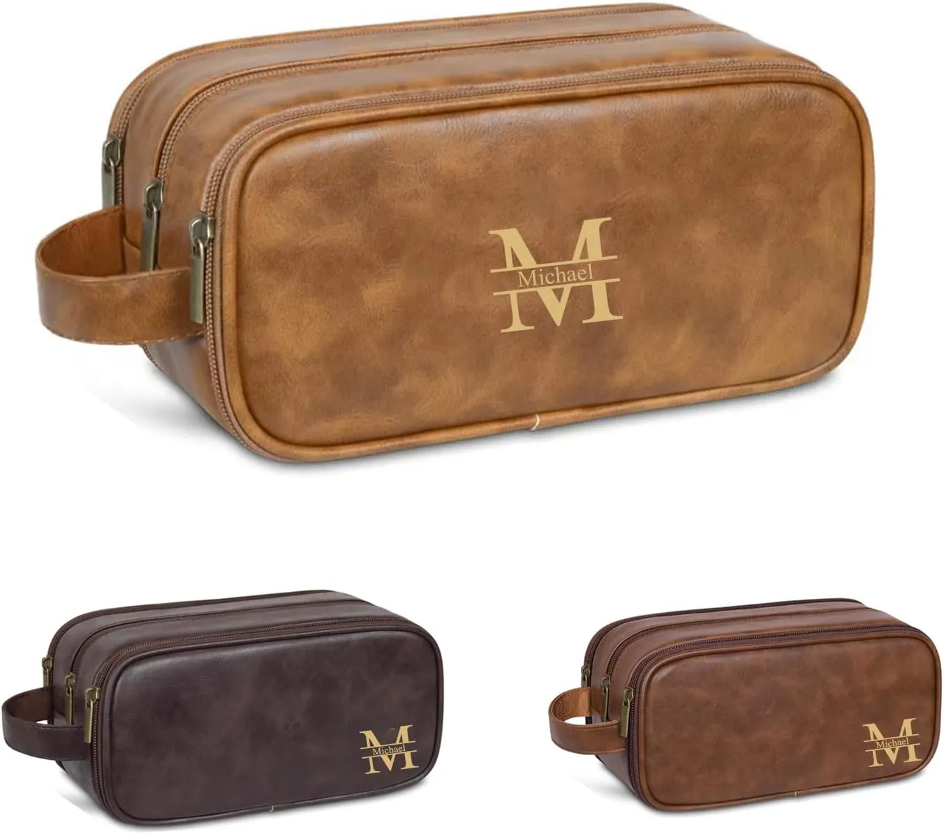Travel Toiletry Bag for Men Personalized Leather Dopp Kit Bathroom Toiletries Organizer Cosmetic Bags with Side Handle