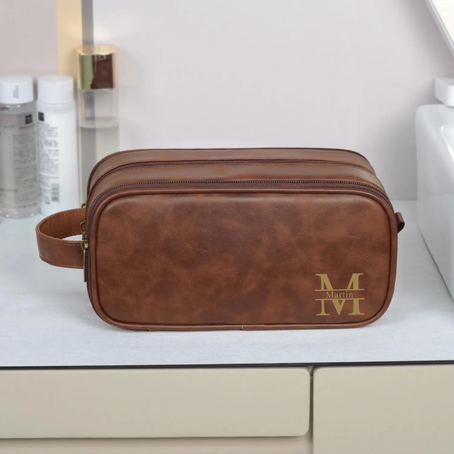 Travel Toiletry Bag for Men Personalized Leather Dopp Kit Bathroom Toiletries Organizer Cosmetic Bags with Side Handle